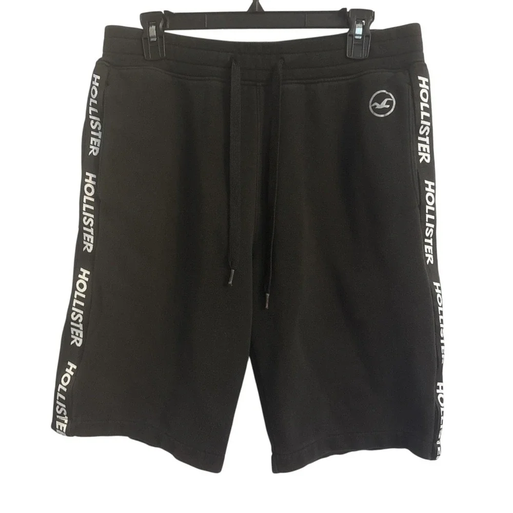 Hollister Mens Med‎ Sweat Shorts Drawstring Waist Fleece Logo Black Comfort Y2K